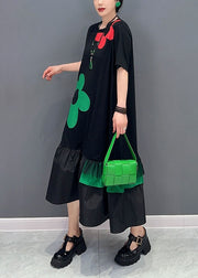 Art Black Floral Patchwork Ruffles Cotton Long Dresses Summer