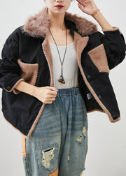 Art Black Fur Collar Patchwork Cotton Coats Fall