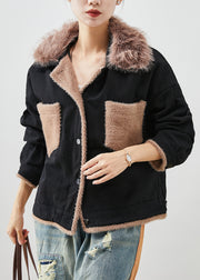 Art Black Fur Collar Patchwork Cotton Coats Fall