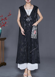 Art Black Hooded Embroidered Silk Long Vest Fall