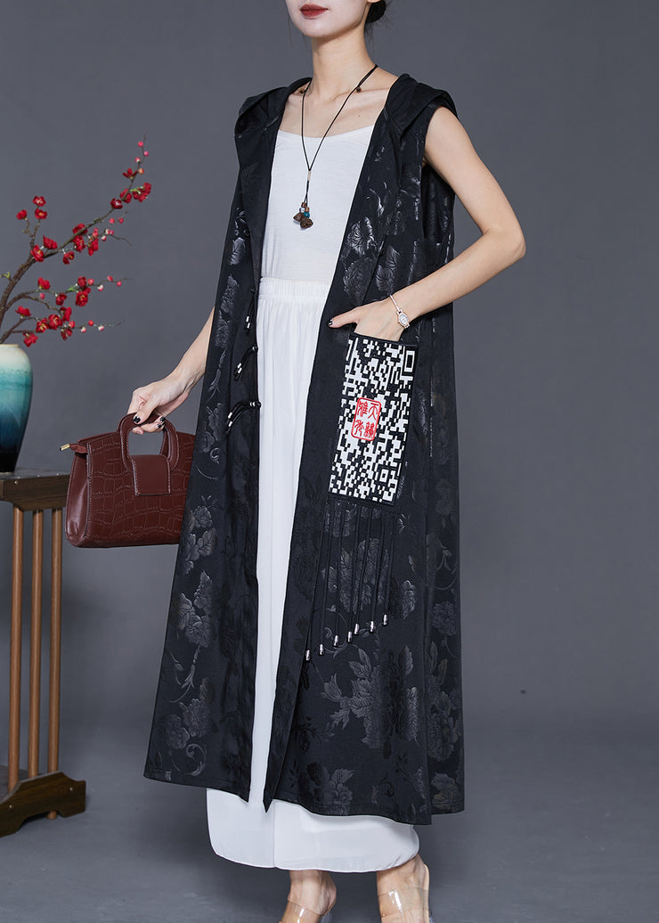 Art Black Hooded Embroidered Silk Long Vest Fall