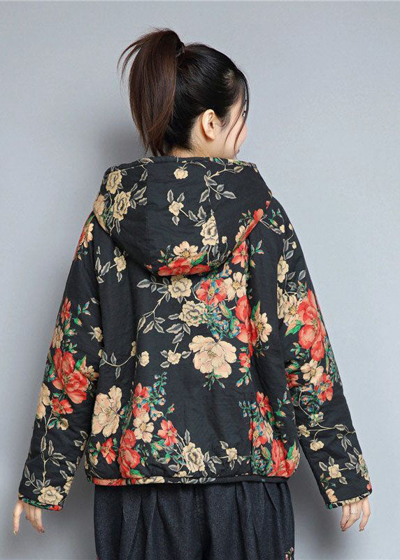 Art Black Hooded Pockets Print Fine Cotton Filled Womens Coats Winter