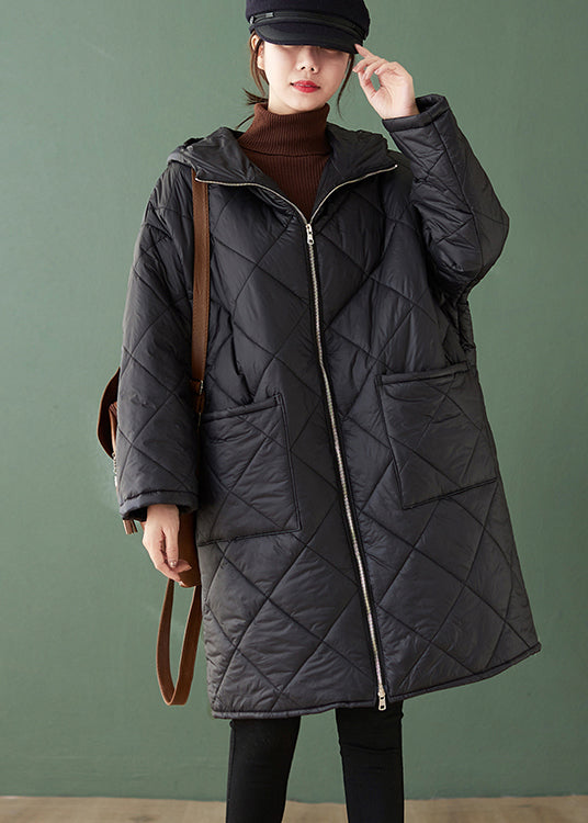 Art Black Hooded Pockets Zippered Patchwork Fine Cotton Filled Coats Winter
