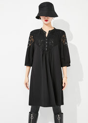 Art Black Lace Patchwork Hollow Out Wrinkled Cotton Dress Half Sleeve