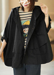 Art Black Loose Pockets Button Fall Hooded Coat Long sleeve - SooLinen