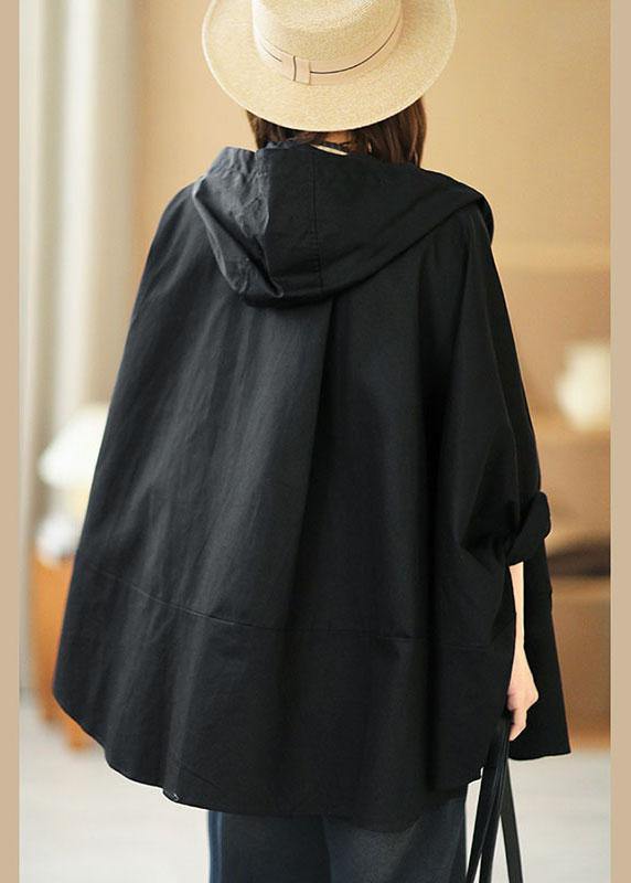 Art Black Loose Pockets Button Fall Hooded Coat Long sleeve - SooLinen