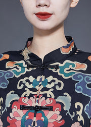 Art Black Mandarin Collar Chinese Button Print Silk Trench Coats Spring