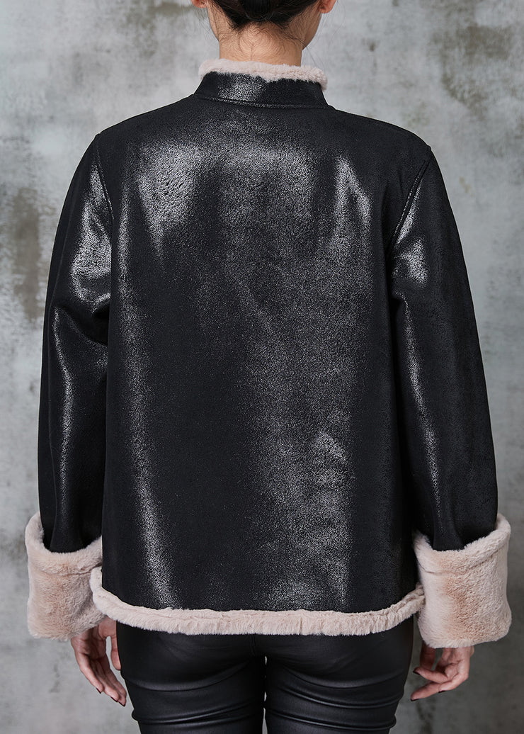 Art Black Mandarin Collar Warm Fleece Faux Suede Coats Spring