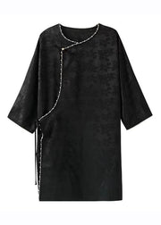 Art Black O-Neck Nail Bead Silk Mid Dress Long Sleeve