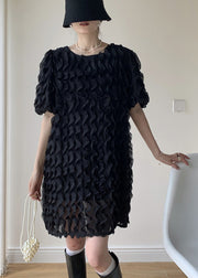 Art Black O-Neck Ruffled Patchwork Tulle Mid Dresses Summer
