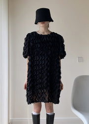 Art Black O-Neck Ruffled Patchwork Tulle Mid Dresses Summer