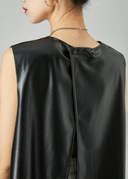 Art Black Oversized Cinched Side Open Sheepskin Vests Sleeveless