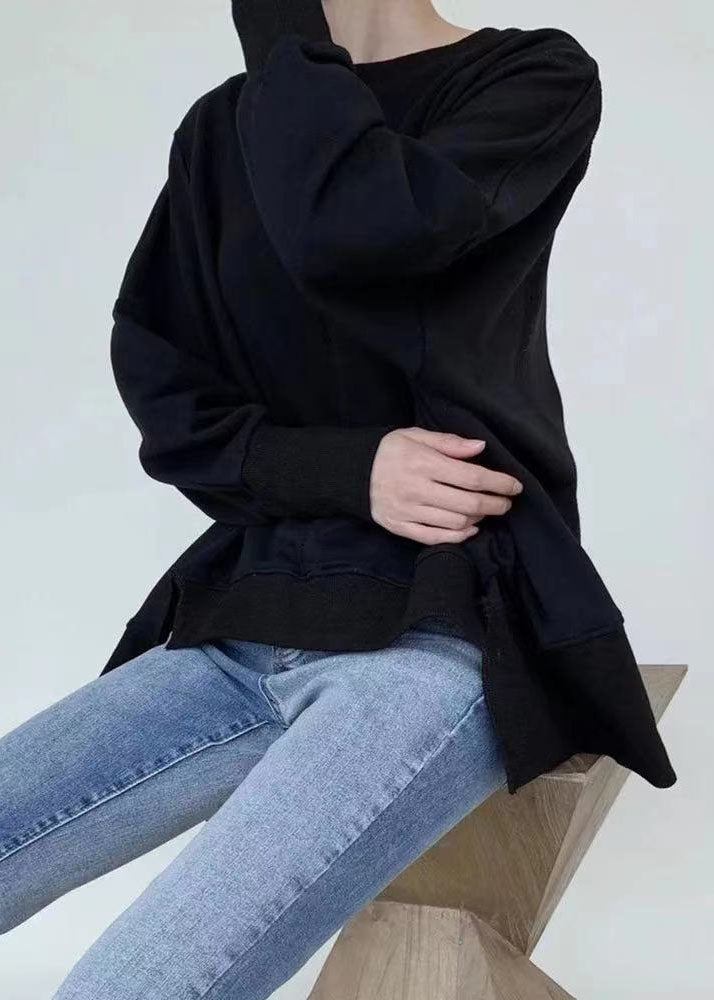 Art Black Oversized Low High Design Cotton Sweatshirts Top Spring