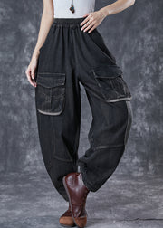 Art Black Oversized Patchwork Pockets Denim Pants Spring