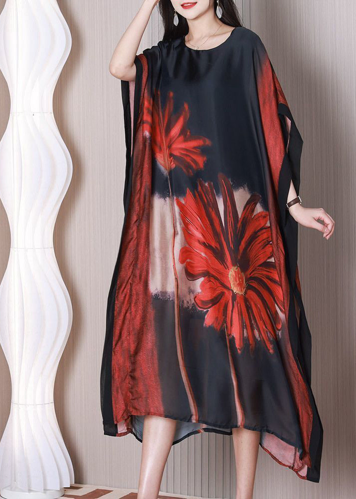 Art Black Oversized Print Silk Maxi Dress Batwing Sleeve