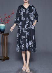 Art Black Oversized Print Wrinkled Silk Maxi Dress Fall