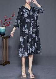 Art Black Oversized Print Wrinkled Silk Maxi Dress Fall
