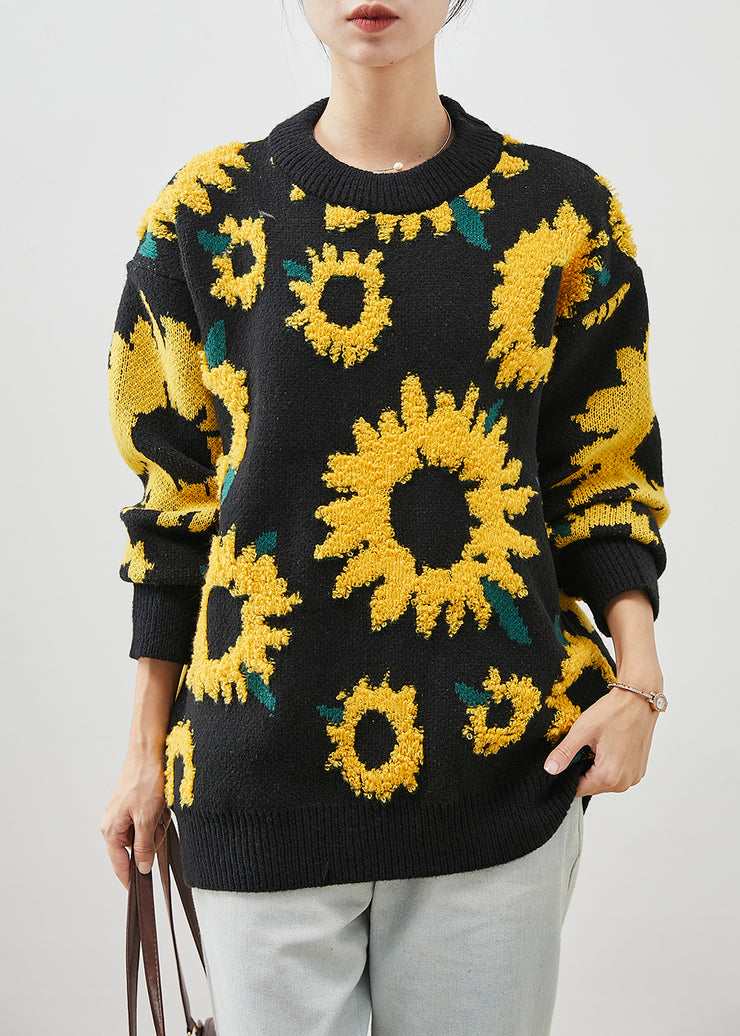 Art Black Oversized Sunflower Jacquard Knit Sweaters Winter
