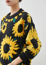 Art Black Oversized Sunflower Jacquard Knit Sweaters Winter