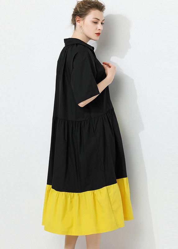 Art Black Patchwork PeterPan Collar Button Summer Cotton Dress Half Sleeve - SooLinen