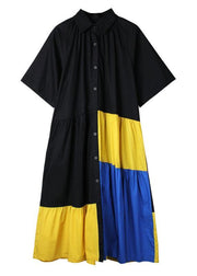 Art Black Patchwork PeterPan Collar Button Summer Cotton Dress Half Sleeve - SooLinen