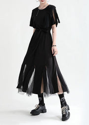 Art Black Patchwork Tulle Summer Tie Waist Dress Short Sleeve - SooLinen