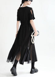 Art Black Patchwork Tulle Summer Tie Waist Dress Short Sleeve - SooLinen