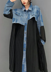 Art Black Peter Pan Collar Denim Fabric Patchwork Silk Dresses Spring