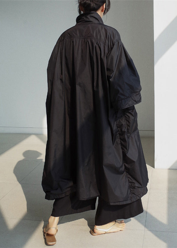 Art Black Peter Pan Collar Pockets Trench Coats Long Sleeve