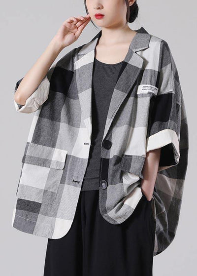 Art Black Plaid Cotton Linen Summer Coat - SooLinen