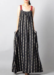 Art Black Plaid Patchwork Pockets Cotton Linen Summer Maxi Dresses - SooLinen
