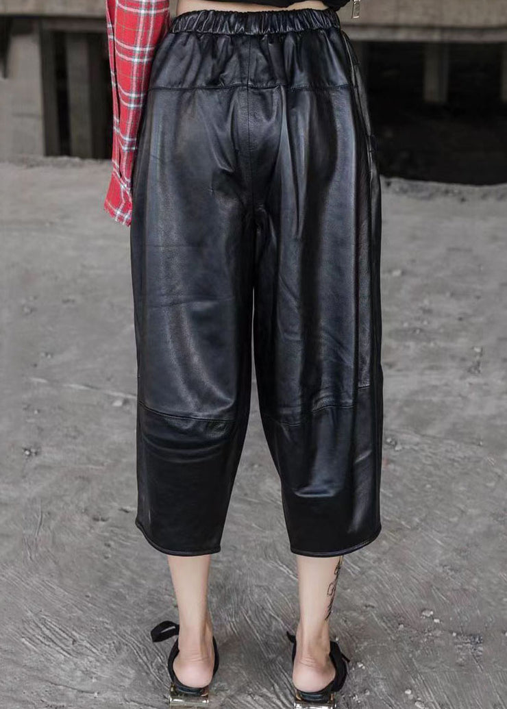 Art Black Pockets Elastic Waist Patchwork Faux Leather Crop Pants Fall