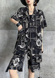 Art Black Print Summer Cinched Linen Short Sleeve Two Piece Suit Set - SooLinen