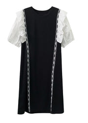 Art Black Puff Sleeve Patchwork Cotton Dresses