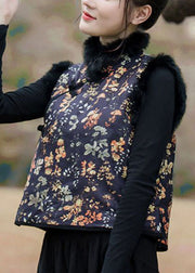 Art Black Rabbit Hair Collar Patchwork Print Fine Cotton Filled Vest Winter