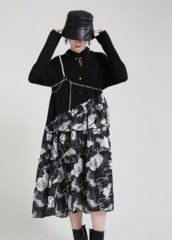 Art Black Ruffled Patchwork Chiffon Long Dresses Fall