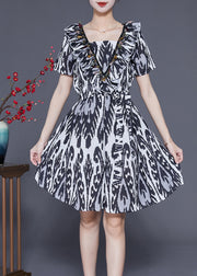 Art Black Ruffled Patchwork Print Linen Dress Summer