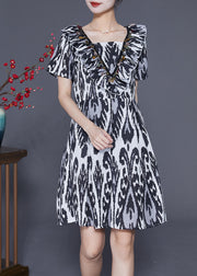 Art Black Ruffled Patchwork Print Linen Dress Summer