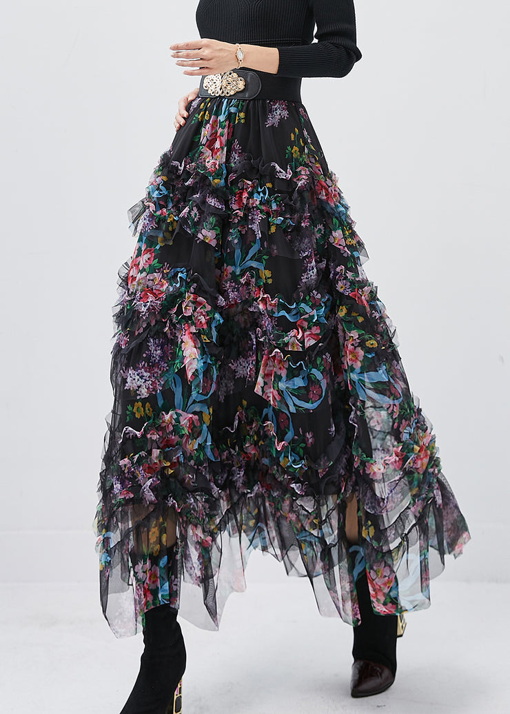 Art Black Ruffled Print Tulle Holiday Skirt Spring