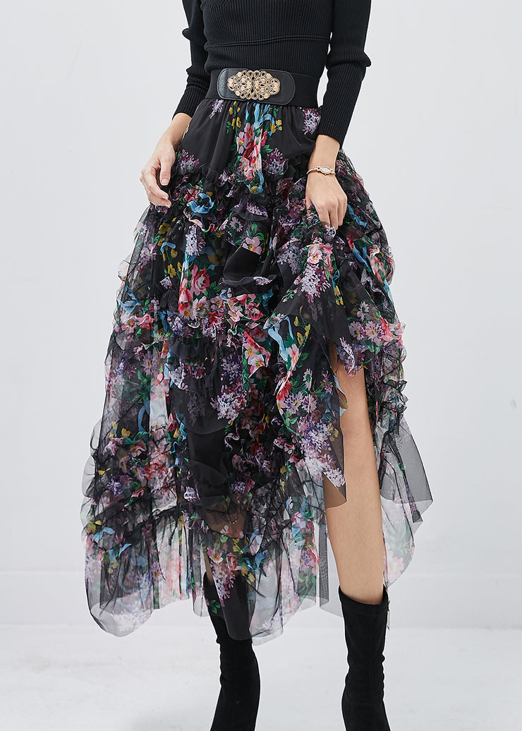 Art Black Ruffled Print Tulle Holiday Skirt Spring