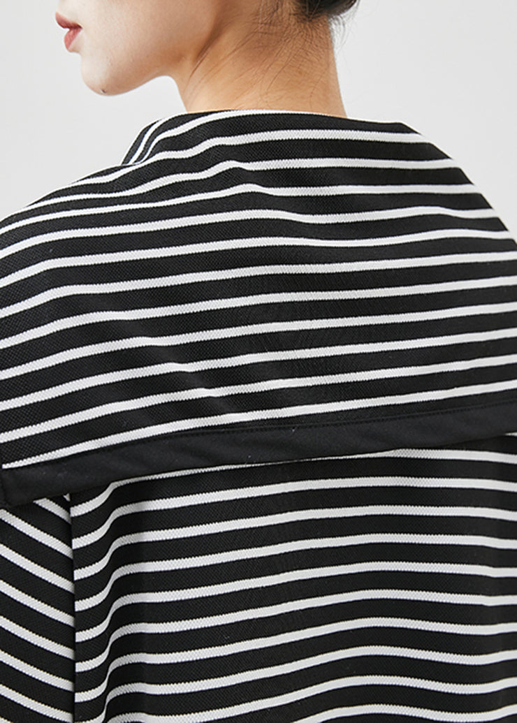 Art Black Sailor Collar Striped Cotton Top Half Sleeve