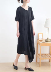 Art Black Short Sleeve Casual Maxi Summer Linen Dress - SooLinen