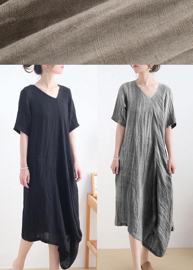 Art Black Short Sleeve Casual Maxi Summer Linen Dress - SooLinen