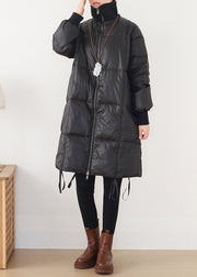 Art Black Stand Collar Drawstring Zippered Duck Down Long Down Coats Winter