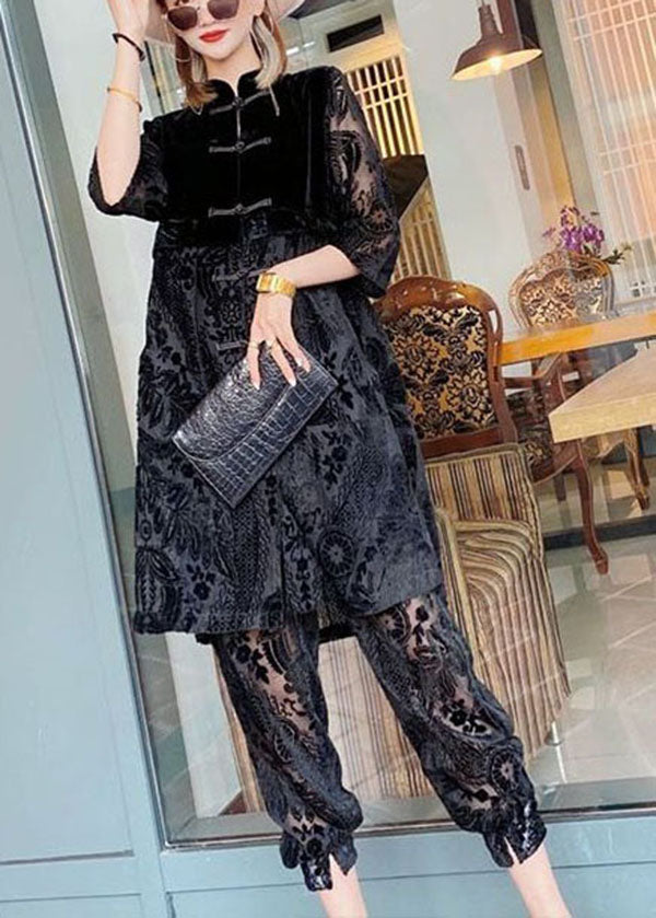 Art Black Stand Collar Embroidered Hollow Out Velour Chinese Style Two Pieces Set Half Sleeve