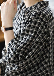 Art Black Stand Collar Plaid Button Linen Shirt Bracelet Sleeve