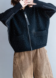 Art Black Stand Collar Zip Up Dot Knit Coats Winter