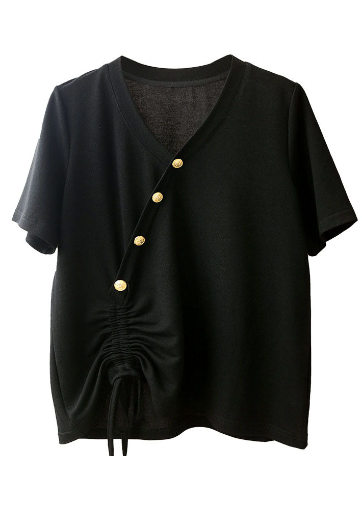 Art Black Striped V Neck Button Drawstring Cotton Tops Short Sleeve