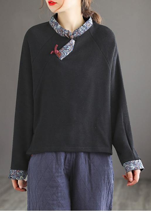 Art Black Top Stand Collar Patchwork Daily Spring Shirt - SooLinen