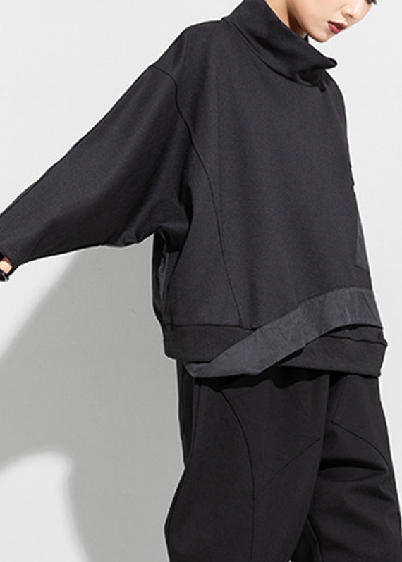 Art Black Turtleneck Patchwork Pockets Pullover Batwing Sleeve